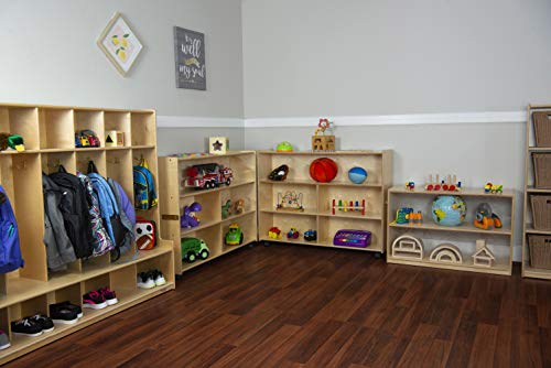 Contender Fully Assembled Folding Mobile Storage Organizer for Daycare Classroom Preschool, Wood Furniture on Rolling Casters with 4 Shelves for Toys, Puzzles, Books (Made in USA)