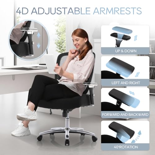 Big and Tall Office Chair 500lbs, Heavy Duty Ergonomic Mesh Chair, Computer Executive Desk Chair with Adjustable Armrest, Lumbar Support-New Black