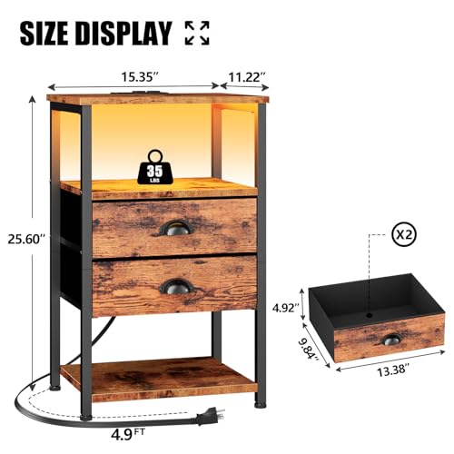 Furologee Nightstand with Charging Station, White Night Stand with LED Lights, 3-Tier Storage End Table with Fabric Drawers, Side Table with USB Ports & Outlets for Lving Room/Bedroom