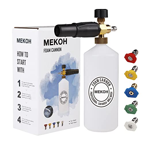MEKOH 1 Liter Adjustable Foam Cannon Snow Foam Lance with 1/4" Quick Connector 5 Pressure Washer Nozzles for Car Detailing Cleaning