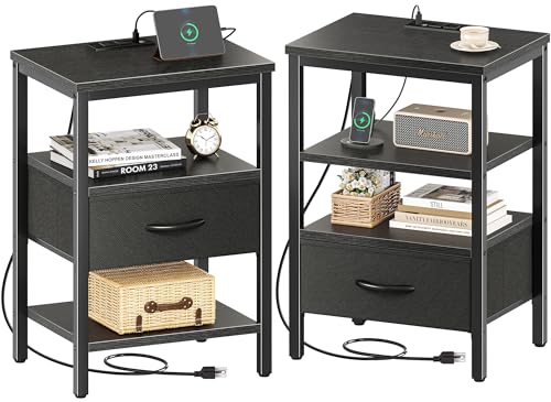 SUPERJARE Nightstand Set of 2, Bed Side Tables with Charging Station, Adjustable Fabric Drawer, Night Stand for Bedroom, 3-Tier Storage End Tables, for Living Room, Rustic Brown