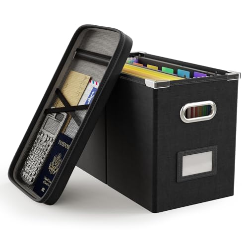 Oterri File Organizer Box with Lid, Hanging Filing File Box with Mesh Pocket, Document Organizer Box for Letter Files, Portable Storage Box with Smooth Sliding Rail for Office&Home (1 PCS, Black)