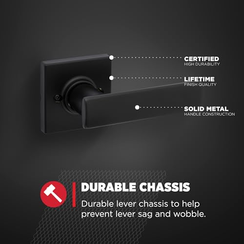 Kwikset Breton Interior Privacy Door Handle with Lock, Door Lever For Bathroom and Bedroom, Matte Black Reversible Keyless Turn Lock, with Microban Protection