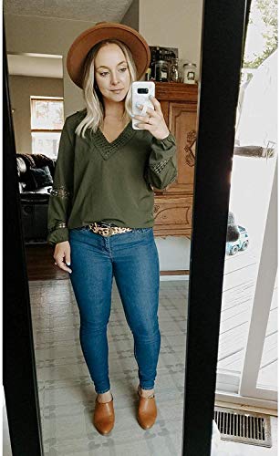 Viracy Womens Fall Tops, Girls Puff Long Sleeve Deep V Neck Blouse Sexy Lace Hallow Out Easy Fit Trendy Classic Shirt A-Line Design Clothes to Wear with Leggings Army Green Small