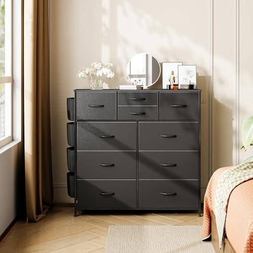 Black Dresser for Bedroom, Bedroom Dresser & Chests of Drawer, Fabric Dressers 10 Drawers, Black Dresser for Closet w/Side Pockets, Hooks, Clothes Dresser Storage for Hallway, Entryway, Kids Room
