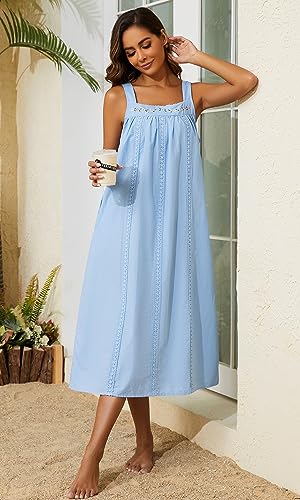 YOZLY Cotton Nightgowns for Women Embroidery Sleeveless Night Gown with Pockets S-3XL, Green Long Sleeve, Small