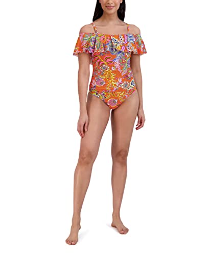 BCBGMAXAZRIA Women's Standard One Piece Swimsuit Off The Shoulder Tummy Control Quick Dry Bathing Suit, Dream Orange