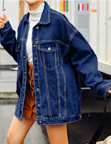 Gozoloma Women's Casual Loose Oversized Denim Jacket Button Up Long-Sleeved Jean Jacket Coat (0011-DarkBlue-XS)