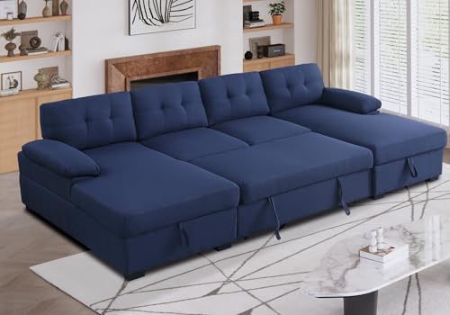 asunflower Sleeper Sectionals with Storage U Shaped Sectional Couches for Living Room Apartment, 4 Seat Pull-Out Sleeper with Dual Storage Chaise,Navy Blue Sofa Bed Couch