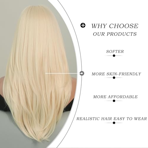 7JHH WIGS Long Straight Wig with Bangs for Women,#613 Blonde Curtain Bangs Wig Heat Resistant Layered Synthetic Wigs for Daily Use