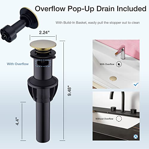 DIKUROOMS 4 Inch Centerset Bathroom Sink Faucet 2 Handle Vanity Basin Faucets with Overflow Pop-up Drain Assembly and cUPC Water Supply Lines, 360 Degree Swivel Square Spout, Brushed Gold