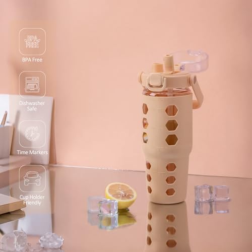 MUKOKO Half Gallon/64 oz Glass Water Bottles with Straw and Lid,Motivational Water Jug with Time Marker Reminder and Silicone Sleeve,100% Leakproof BPA Free Fitness Sports Large Bottle-Purple