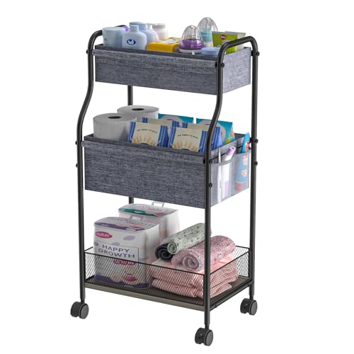 3-Tier Baby Diaper Caddy Organizer and Storage Cart with 4+2 Dividers, Mobile Metal Utility Cart with Rolling Wheels for Nursery Essentials, Large Capacity Rolling Cart for Crib, Bedroom, Bathroom
