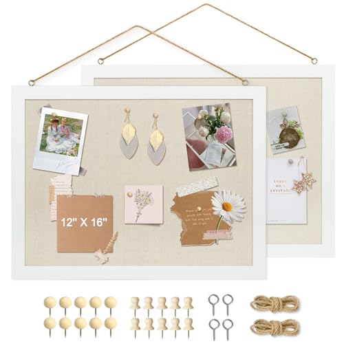 AMUSIGHT 2-Pack Double-Sided Cork Board with Linen, 16" x 12" Hanging Wood Framed Bulletin Board, Picture Display Vision Board Kit Corkboards for Wall School Office Decor, 20 Pushpins (Vintage White)
