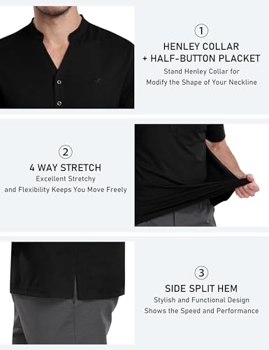 MoFiz Baron Men's Quick Dry Golf Polo Shirts Short Sleeve Henley Shirt Active Athletic Collarless Sport Polo Shirts Black Small