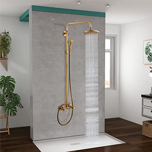 Dual Functions Exposed Pipe Shower System Round 8 Inch Rainfall Shower Head Brass Fixture Combo Set Two Handles Bathroom Shower Faucet Adjustable Showerhead Bar,Antique Brass