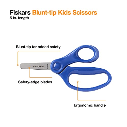 Fiskars 5" Blunt-Tip Scissors for Kids Ages 4-7 (3-Pack) - Scissors for School or Crafting - Back to School Supplies - Red, Blue, Turquoise