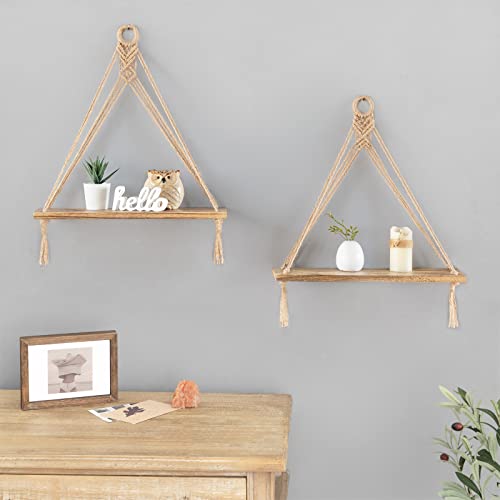 Mkono Macrame Hanging Shelves Boho Wall Decor Set of 2 Rustic Wood Floating Storage Shelf for Bedroom Bathroom Living Room Nursery Dorm Room, Display Shelving for Hanging Plants Photos