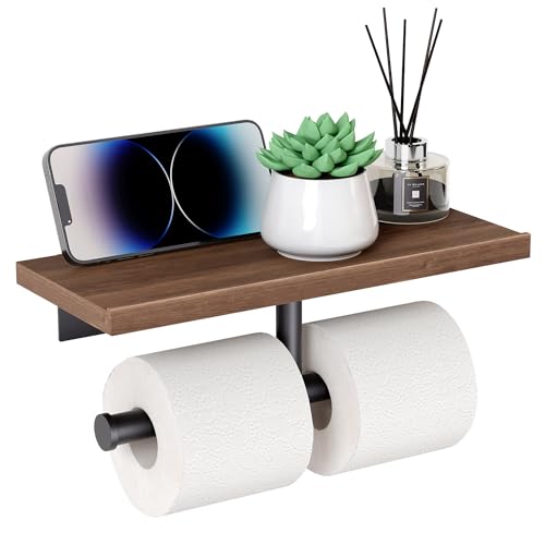 Tindbea Toilet Paper Holder with Wood Shelf, Wooden Wall Mount Tissue Paper Roll Holder, Matte Black Stainless Steel Bathroom Accessories Decor for Household Home Apartment Restroom Essential (Wenge)