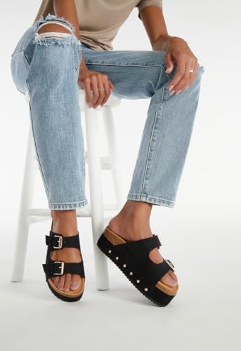 Yishaweiqi Women's Metallic Silver Platform Sandals Comfortable Cork Footbed Studded Flatform Sandals Adjustable Buckle Straps Flat Clogs Slide Sandals