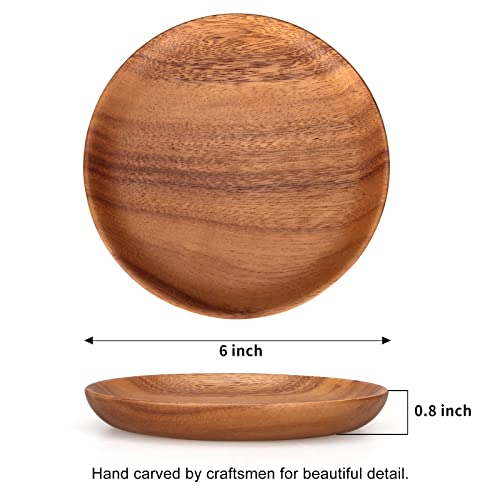 2 Pcs Small Wooden Dessert Plates for Eating Acacia Wood Snack Appetizer Plate 6 inch Mini Cute Salad Dinner Plates Reusable Round Non Toxic Platos Saucer Plate for Food Flat Picnic Serving Dishes