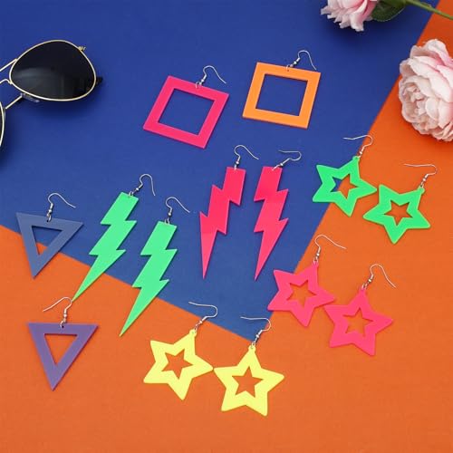 NEWITIN 12 Pairs 80s 90s Neon Earrings for Women Long Lightning Earrings Retro Acrylic Drop Dangle Earrings Star Circular Jewelry Lightning Drop Earrings for 80s 90s Party