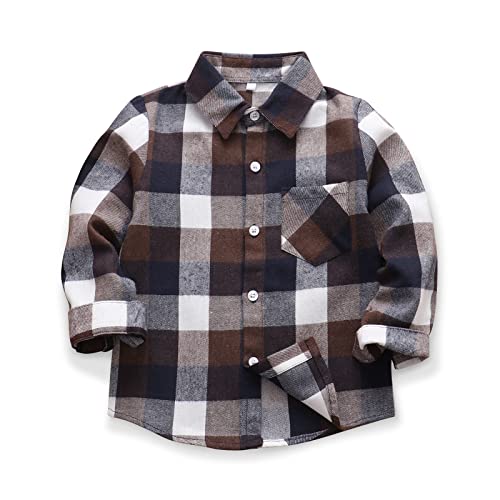 OCHENTA Big Kids Boys' Button Down Flannel Plaid Shirt Boy Long Sleeve Christmas Outfit E003 Coffee 150 7-8 Years