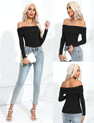 Prettywear Women's Sexy Off Shoulder Tops Business Casual Slim Fit Long Sleeves Spring Fall Blouse Going Out Nightout Shirt Champagne