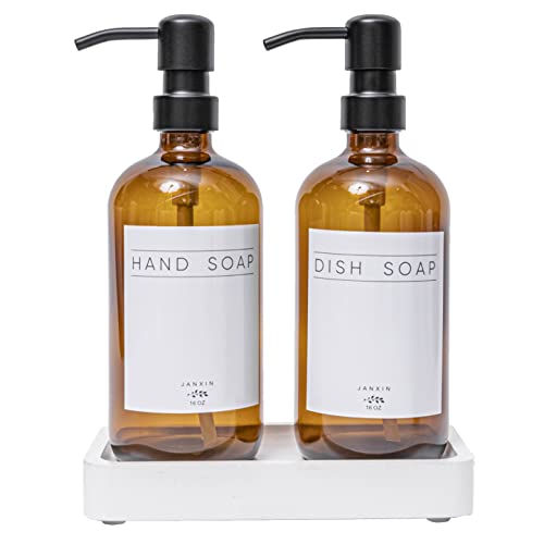 Janxin Glass Soap Dispenser for Kitchen with Stainless Steel Pump and Wood Tray, Modern Bathroom Soap Dispenser with Waterproof Labels for Hand Soap, Dish Soap, Lotion (Amber Bottles+Black Pumps)