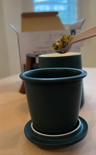 Matty's Garden Black Ceramic Coffee Mug and Tea Infuser - 12 oz with lid and steeper and wooden handle