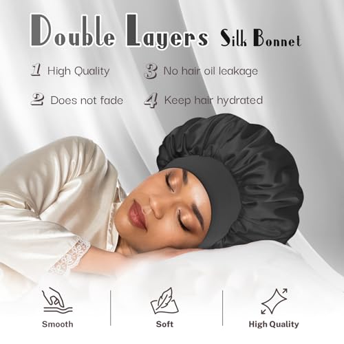 BONNET QUEEN Silk Bonnet for Sleeping for Women Satin Bonnet Double Layer Reversible in 2 Color Adjustable Hair Bonnet Satin Lined Night Sleep Cap for Curly Hair,Black