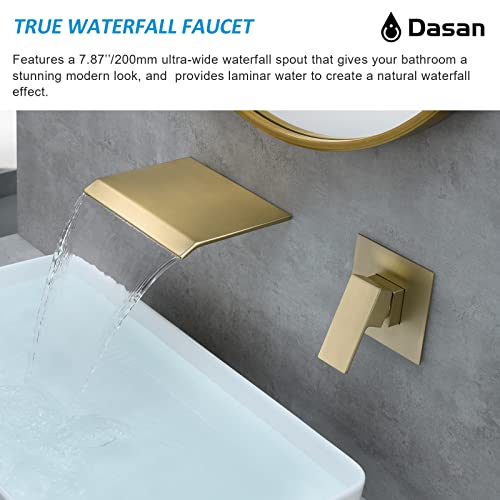 DASAN Wall Mount Waterfall Bathroom Faucet Brushed Gold in Wall Sink Faucet, Single Handle Wall Mounted Modern Faucet for Bathroom with Upgraded Rough in Valve, DA-TFD3BG-NH