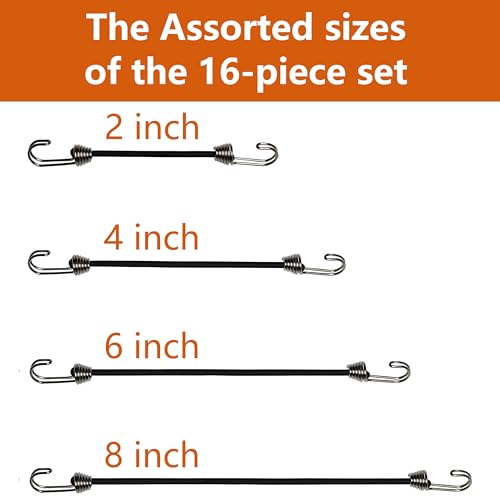 YELIER Mini Bungee Cords with Hooks. Versatile Outdoor Bungee Cord Set. Includes, 2inch, 4inch, 6inch, and 8inch, Totaling 16 Bungee Cords. (16pcs, Black, Four Sizes)
