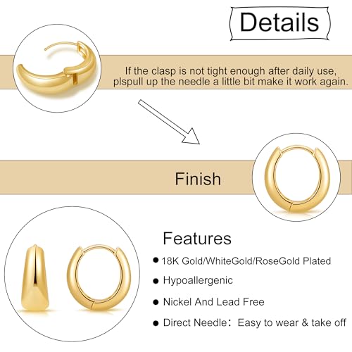 micuco Gold Hoop Earrings for Women, 18K Real Gold Plated Lightweight Chunky Gold Hoops, Hollow Thick Gold Hoop Earrings for Women Gold Plated 13mm