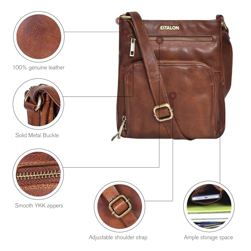 ESTALON Women's Real Leather Crossbody Purse With Adjustable Sling Strap - Medium Size Crossover Shoulder Hand Bag