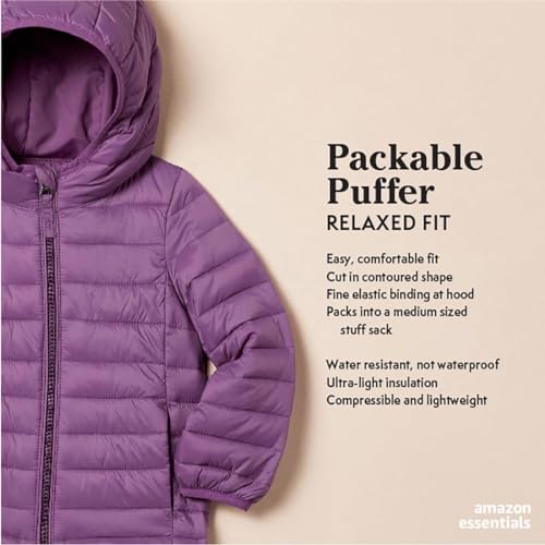 Amazon Essentials Girls' Lightweight Water-Resistant Packable Hooded Puffer Jacket, Neon Pink, Small