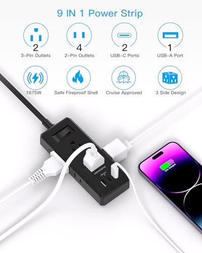 Cruise Ship Essentials, Flat Plug Extension Cord, Power Strip with 6 Outlets 3 USB Ports(2 USB C), 5ft Outlet Extender with Wall Mount No Surge Protector for College Dorm Room Travel Essentials
