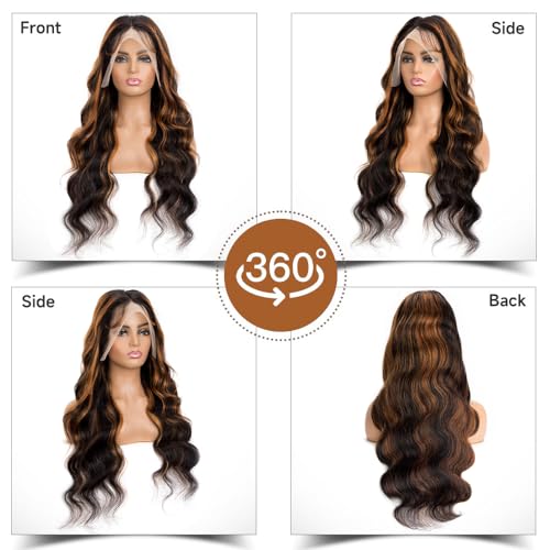 Afribye 13x6 Body Wave 200 Density HD Lace Front Wigs Human Hair Highlight Ombre Lace Front Wig Human Hair Pre Plucked FB/30 Glueless Lace Frontal Balayage Wigs Human Hair for Women 20 Inch