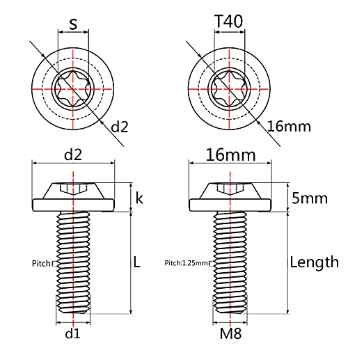 Wanyifa Titanium M8 10 15 20 25 30 60 70mm Torx Head Bolt Screw Pack of 4 (M8x10mm, Black)