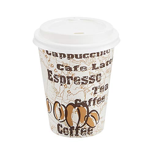 Amazon Basics to Go Hot Paper Coffee Cups with Lids, 12 oz, Café Design, Disposable, 100-Count