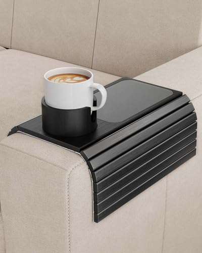 BS-VOG Couch Cup Holder, Couch Arm Tray with 360° Rotating Drink Holder, Foldable Anti-Slip Couch Arm Table, Sofa Armrest Tray Clip on Wide Couches for Eating, Snacks, Remote (Gray)