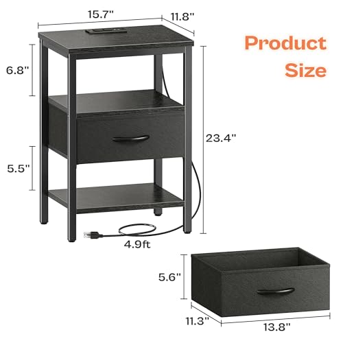 SUPERJARE Nightstand Set of 2, Bed Side Tables with Charging Station, Adjustable Fabric Drawer, Night Stand for Bedroom, 3-Tier Storage End Tables, for Living Room - Charcoal Gray