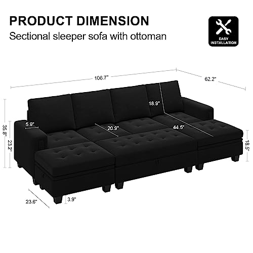 Belffin Velvet Convertible 4-Seat Sectional Sleeper Sofa with Reversible Chaise Sleeper Sectional Couch Bed with Storage Ottoman Sectional Sofa Couch Set Black