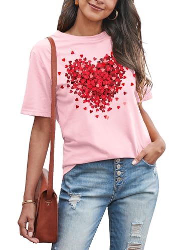 MAIHUN Womens Valentine's Day Shirts Cute Love Heart Tshirts Funny Teen Girl's Valentines Short Sleeve Pink