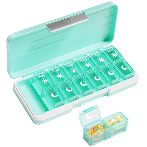 Travel Pill Organizer 2 Times A Day, 7 Day Am Pm Pill Box Weekly Pill Organizer with Separate Container, Portable Daily Medicine Planner Dispenser Case for Vitamin, Fish Oils, Supplements(Black)