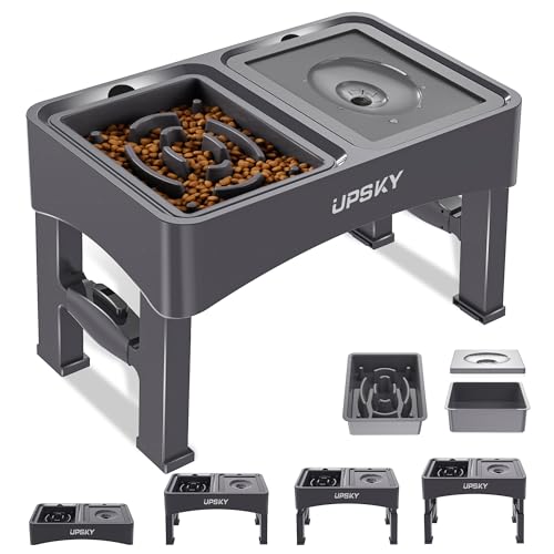 UPSKY 2-in-1 Elevated Dog Bowls Slow Feeder, 4 Height Adjustable Raised Dog Bowl Stand No Spill Dog Water Bowl Dispenser, Anti-Slip Dog Food and Water Bowl for Small Medium Dogs