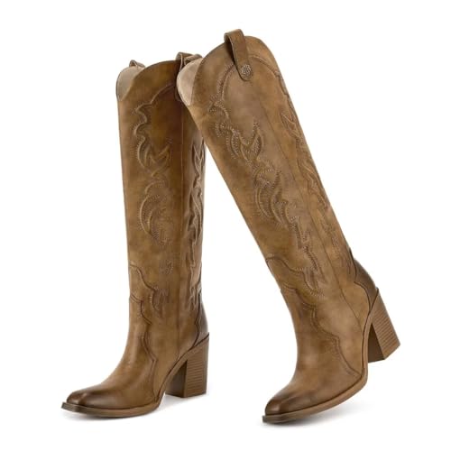 wetkiss Black Cowgirl Boots Women Knee High Boots, Embroidered Black Cowboy Boots with Chunky Heel Comfort Tall Western Boots for Women