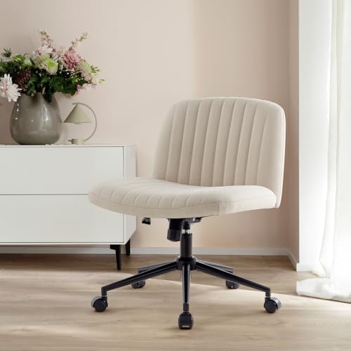 IWMH Armless Wide Seat Office Chair, Criss Cross Legged Desk Chair with Wheels, Height Adjustable Computer Task Chair,Wide Seat Swivel Vanity Chair for Home,Office,Bedroom, Make Up, Small Space,Beige