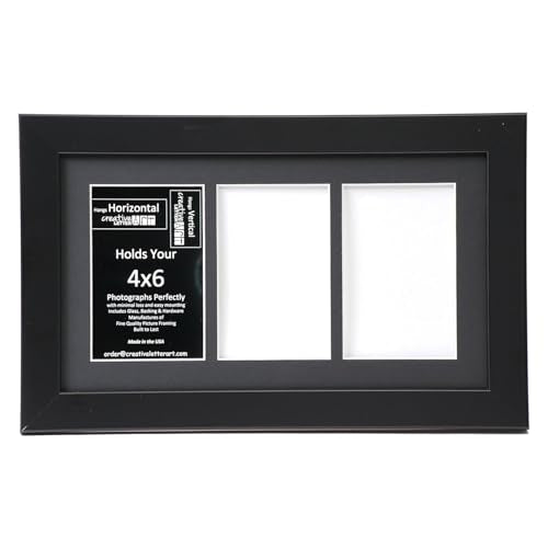 Creative Letter Art 4” x 6” Multiple Opening Picture Frame Collage with 3 holes, Manhattan Black Frame with 8 x 14-inch White Mat, Full-Strength Glass, Photo Collage for Wall, 3 Openings