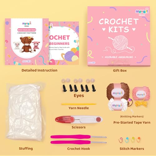 Mewaii Crochet Kit for Beginners, Crochet Starter Kit with Step-by-Step Video Tutorials, Crochet Complete Kit with 40%+ Pre-Started Yarn Content, Crochet Gifts for Adults Kids (3 Packs Highland Cow)